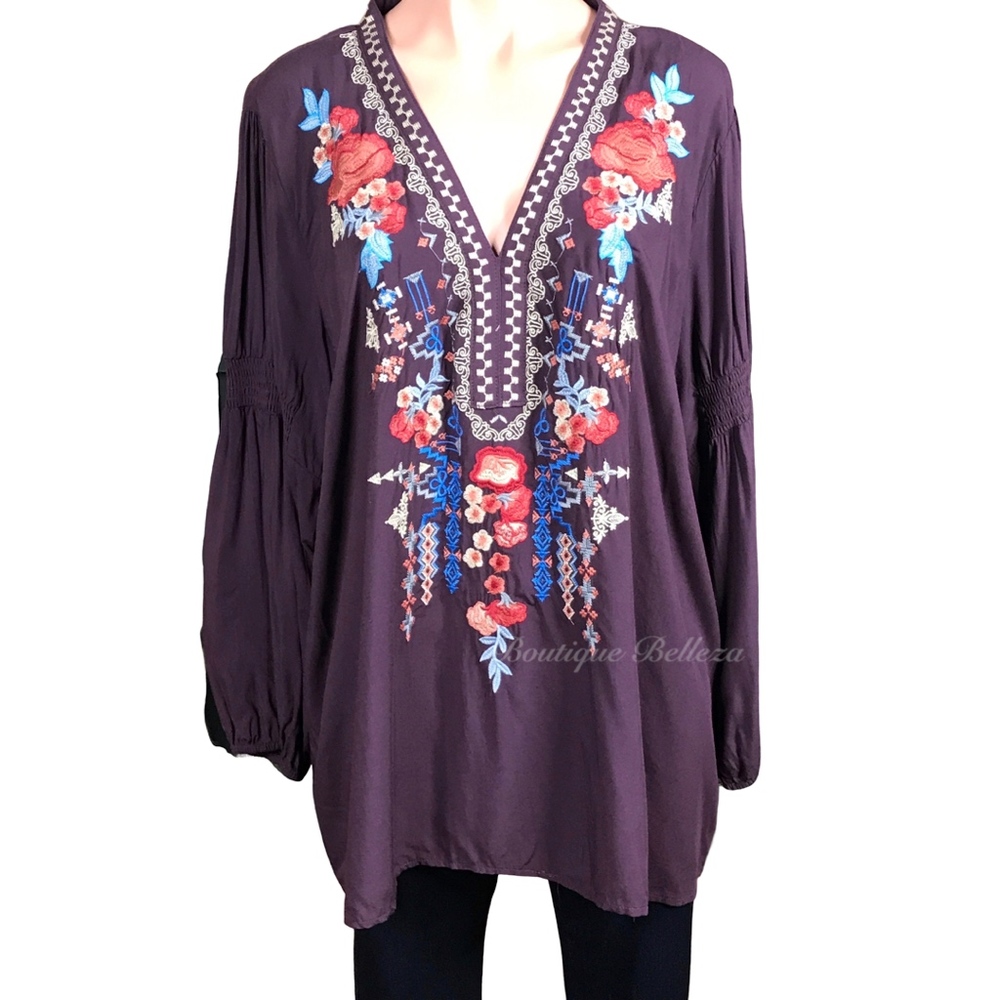 Custom Embroidered Woven Top In Eggplant: 1XL-3XL - Picture 2 of 7